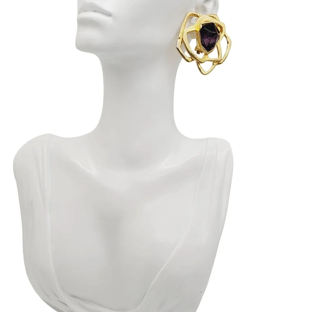 Huge‎ Clip On Earrings Gold Tone Amethyst Purple Acrylic Stone Runway Modernist